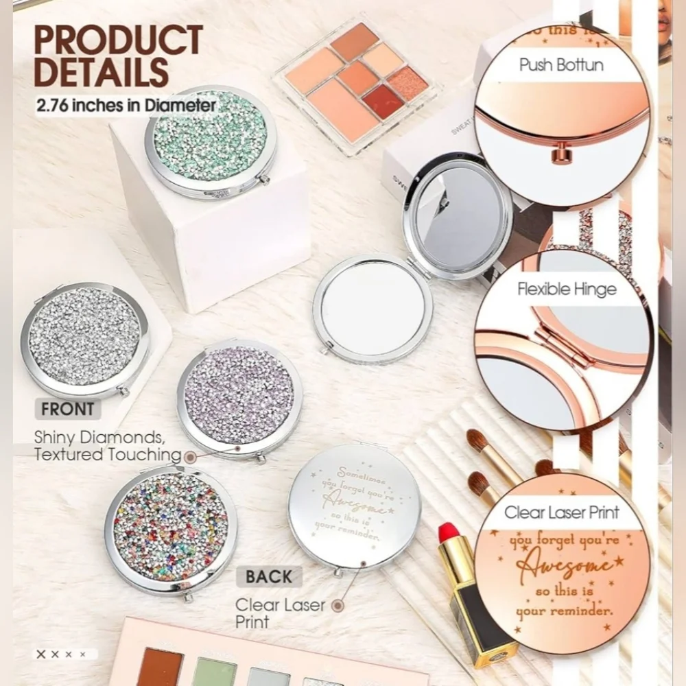 Compact Makeup Double Sided Mirror w/ Inspirational Quote & Bling - Picture 4 of 5